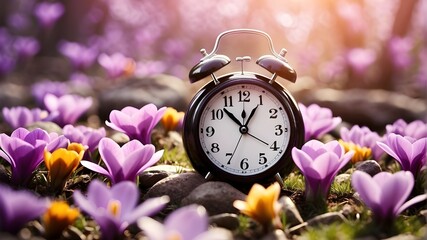 Spring forward, idea of an alarm clock amongst blossoming crocuses. Daylight saving time, the...