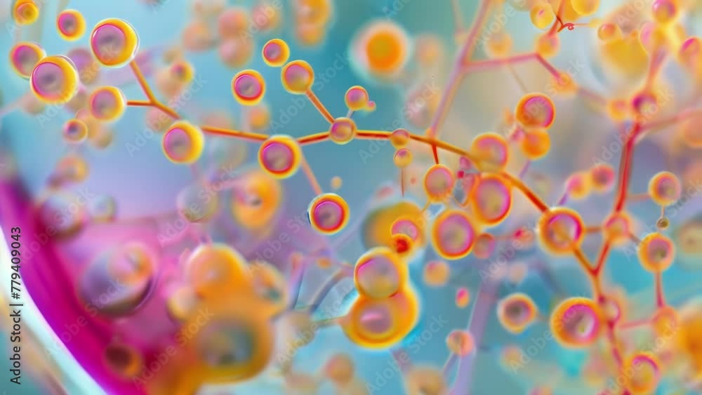 Poster a vibrant image of a fungal hyphae network in a petri dish emphasizing the colorful and diverse worl