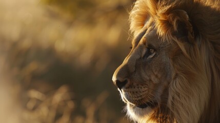 Fototapeta premium the head of a lion, capturing his majestic mane and gaze, with the golden savannah blurred in the background.