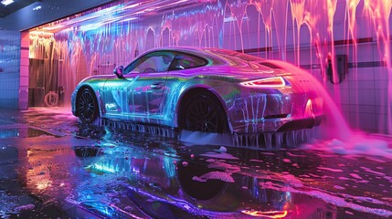 car wash rain retro hologram pastel vintage water vehicle cleaning wet shiny colorful nostalgic 80s 90s neon reflection droplets soap shimmer - obrazy, fototapety, plakaty