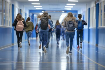 Fototapeta premium A group of students are running down a hallway with backpacks