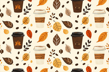 Seamless pattern of coffee cups and autumn leaves