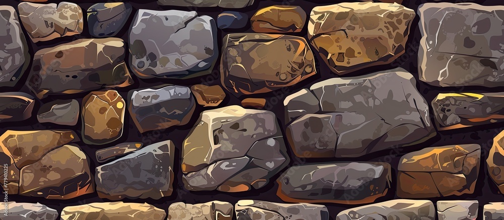 Poster a close up of a stone wall made of various rocks, providing a sturdy and rustic look. the mixture of