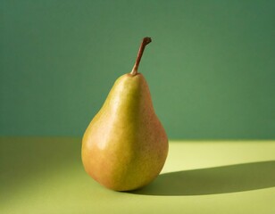 Craft a detailed image focusing on a single, ripe pear at the center against a neutral backdrop.