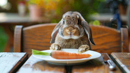 Obraz premium Cute rabbit sitting at a table with a plate of fresh carrot during sunny day in garden setting