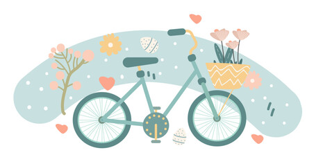 Fototapeta premium Happy Easter greeting card bicycle with flowers in pastel colors spring holiday celebration card horizontal
