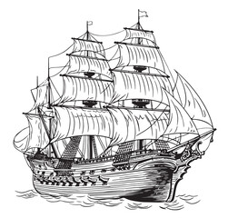 Pirate ship sailboat retro sketch - obrazy, fototapety, plakaty