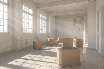 white room with the high ceiling, with boxes brought by the new owners