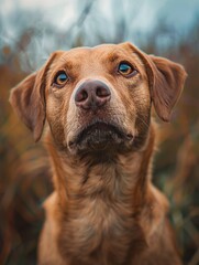 Golden brown dog looking contemplatively in a grassy field during late afternoon under a cloudy sky