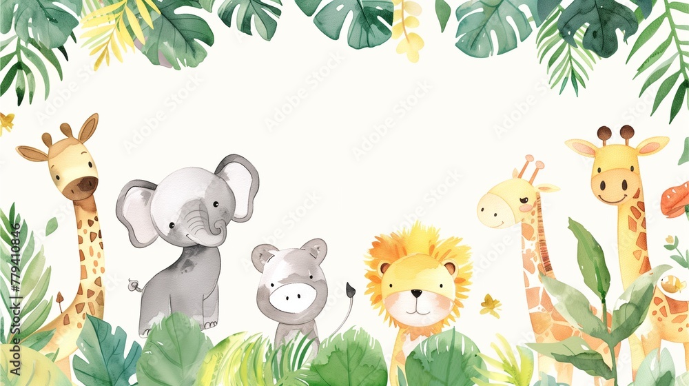 Wall mural Charming birthday invitation adorned with delightful watercolor zoo animals set against a plain backdrop.