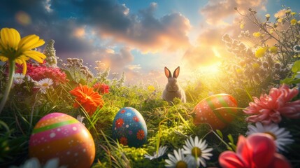 A painting of a bunny rabbit amidst Easter eggs and flowers in a natural landscape, with a blue sky...
