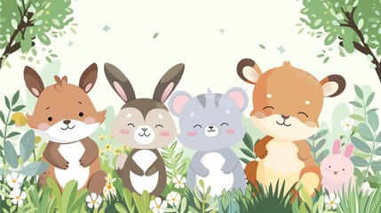 Naklejka premium Happy animals gathered together in a picturesque garden setting, portrayed in a delightful cartoon style.