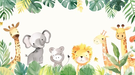 Charming birthday invitation adorned with delightful watercolor zoo animals set against a plain backdrop.