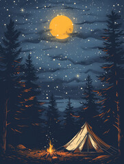 Camping, trip, the tent nestled in a tranquil forest. Starry night sky. Minimalistic illustration, logo - 779410855