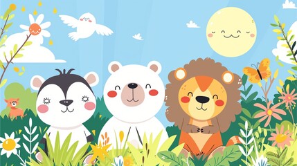 Playful animals frolicking together against a lush garden backdrop, rendered in a charming cartoon style.