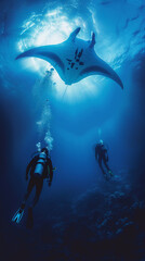 Fototapeta premium Oceanic Depths: Manta Ray Encounters Divers
