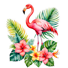 A flamboyant flamingo adorned with tropical flowers and foliage, watercolor illustration, animal, isolated, botanical floral clipart 