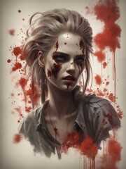 Digital horror illustration of bloody female zombie with scars 