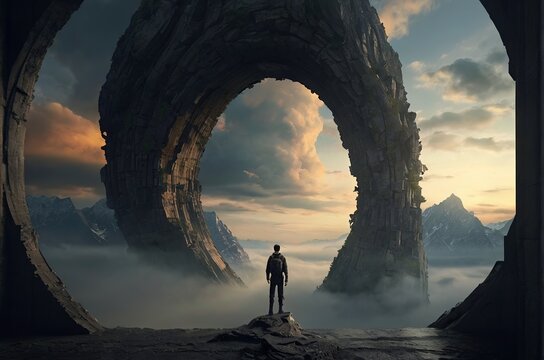 Man standing on a rock in the surreal world, digital art style, fantazy portal. AI generated
