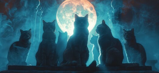 A magical scene where a group of cats perform a ritual under the light of the moon - obrazy, fototapety, plakaty