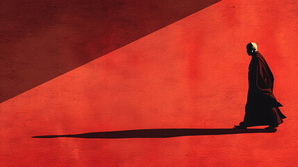 Monk Walking: Minimalistic Vector Illustration on Red Background