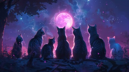 A magical scene where a group of cats perform a ritual under the light of the moon - obrazy, fototapety, plakaty