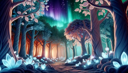 An enchanted forest where the trees have leaves made of translucent crystals, softly clinking in the wind.