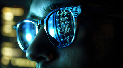 the reflection of multiple computer screens in the dark, reflective sunglasses of a hacker. The scene is set in a dimly lit room. - obrazy, fototapety, plakaty
