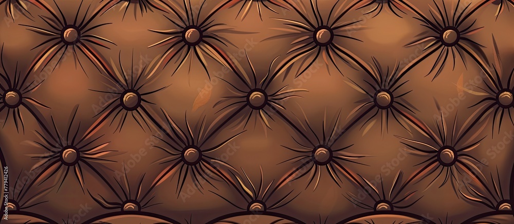 Poster a detailed shot of a symmetrical brown leather couch with button pattern creates an artful display. 