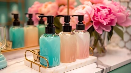 Obraz na płótnie Canvas an elegant and harmonious bathroom vanity display with four luxurious hand soa