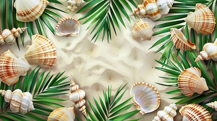 Seashell clipart framed by palm fronds - obrazy, fototapety, plakaty