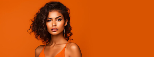Beautiful, elegant, sexy Latino, Spain woman with perfect skin, on an orange background, banner.