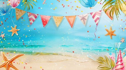 Fototapeta na wymiar Beach party banner clipart with festive decorations