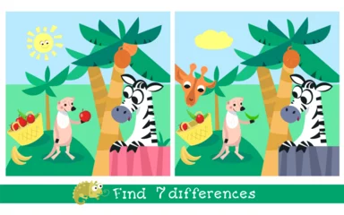 Foto op Canvas Find 7 differences. Puzzle game for children. Cute animals at zoo. Vector cartoon illustration. Funny bird animal.  © AngArt