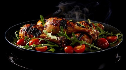 a sizzling hot dish with succulent chicken drumsticks perfectly roasted, garnished with fresh herbs