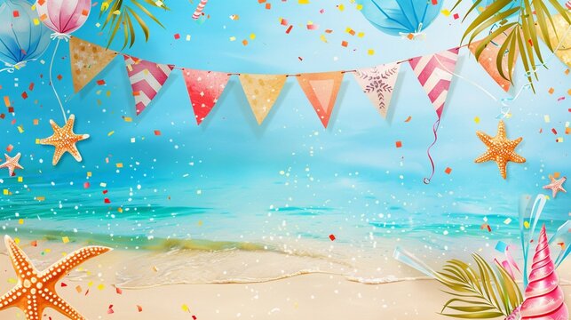 Beach party banner clipart with festive decorations
