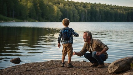 Father cheers as son skipping rock across lake during father son camping trip