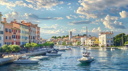 a panoramic view of a coastal European city on a sunny day, showcasing the vibrant architecture - obrazy, fototapety, plakaty