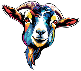 Colorful Portrait of a Goat - Artistic Illustration or Textile Print Motif Isolated on White Background, Vector