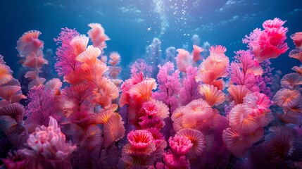 Fototapeta na wymiar Sunbeams illuminate the soft pink coral forest in the depths of a serene underwater landscape.