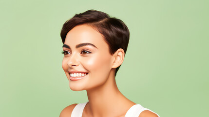 Fototapeta premium Beautiful, elegant, sexy Latino, Spain with short haircut woman with perfect skin, green background, banner.