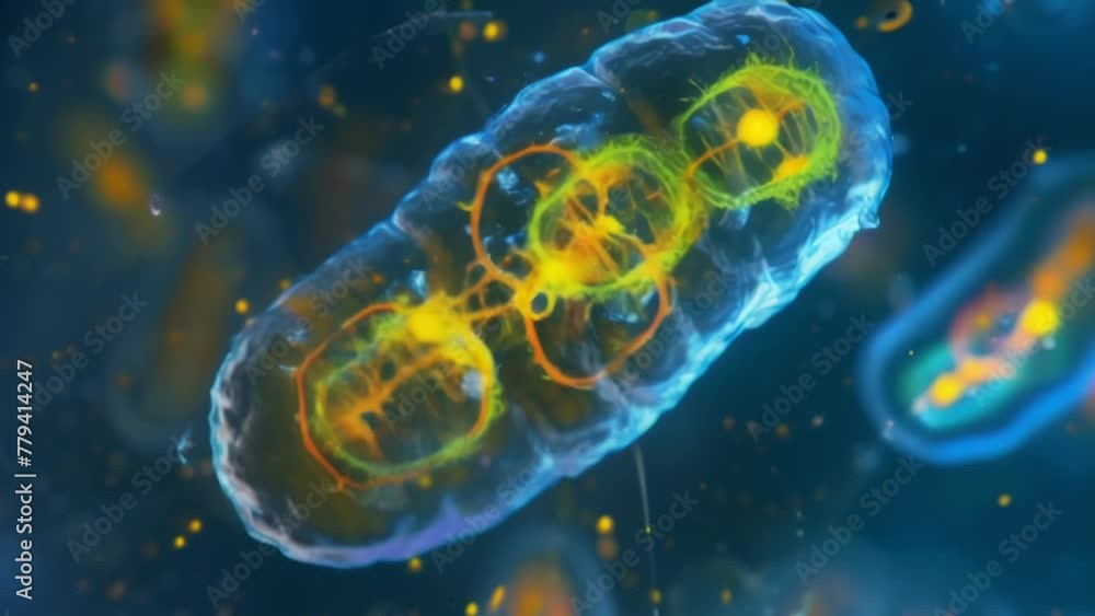 Poster a microscopic view of a mitochondrion in the process of fission where it divides into two separate o