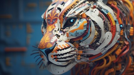 A tiger's head seamlessly integrated into a vivid electronic circuit, symbolizing the force of futuristic tech, origami, futuristic neon, hyper-realistic photography