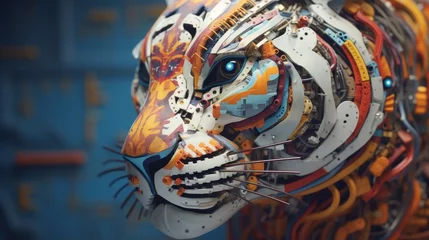 Fotobehang A tiger's head seamlessly integrated into a vivid electronic circuit, symbolizing the force of futuristic tech, origami, futuristic neon, hyper-realistic photography © Paul