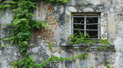 Abandoned yet alive, an old antique window peers out from an ancient concrete wall, framed by the persistent growth of green plants