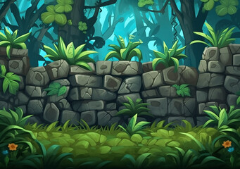 Jungle scene with overgrown stone ruins amid lush green foliage.