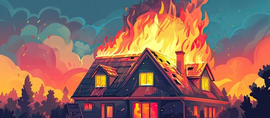 A cartoon house engulfed in flames against a background of the sky
