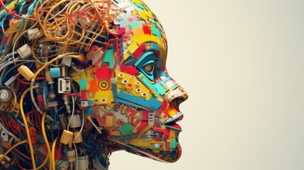 Close-up of a futuristic head silhouette, intricately combined with colorful circuitry, embodying powerful technology, origami, futuristic neon, hyper-realistic photography