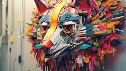 Close-up of a wolf head morphing into a colourful electronic board, embodying a powerful technology concept, origami, futuristic neon, hyper-realistic photography