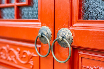 Chinese garden ancient building red lacquer lattice door copper door knocker